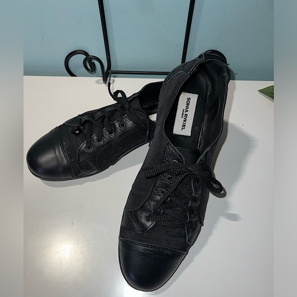 Sonia Rykiel Paris Black Leather/Satin Lace Up Sneakers with Rhinestone - Picture 1 of 11
